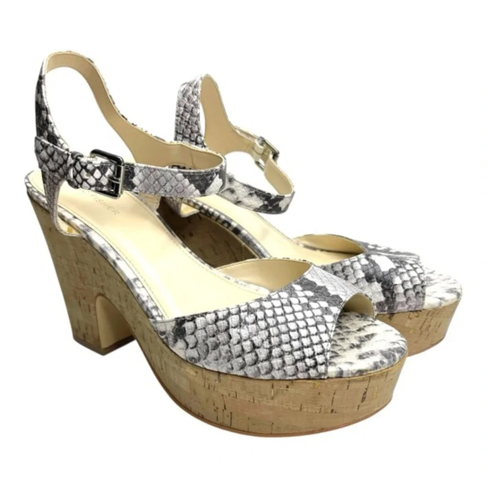 Marc‎ Fisher 10M Grey Snakeskin Platform Sandals Cork Wedge Heel Boho Chic
